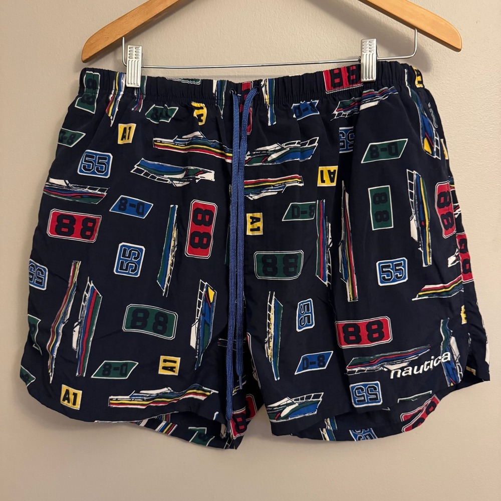 Vintage Nautica Mens Bathing‎ suit Trunks Shorts Size XL Navy Blue Ships Boating